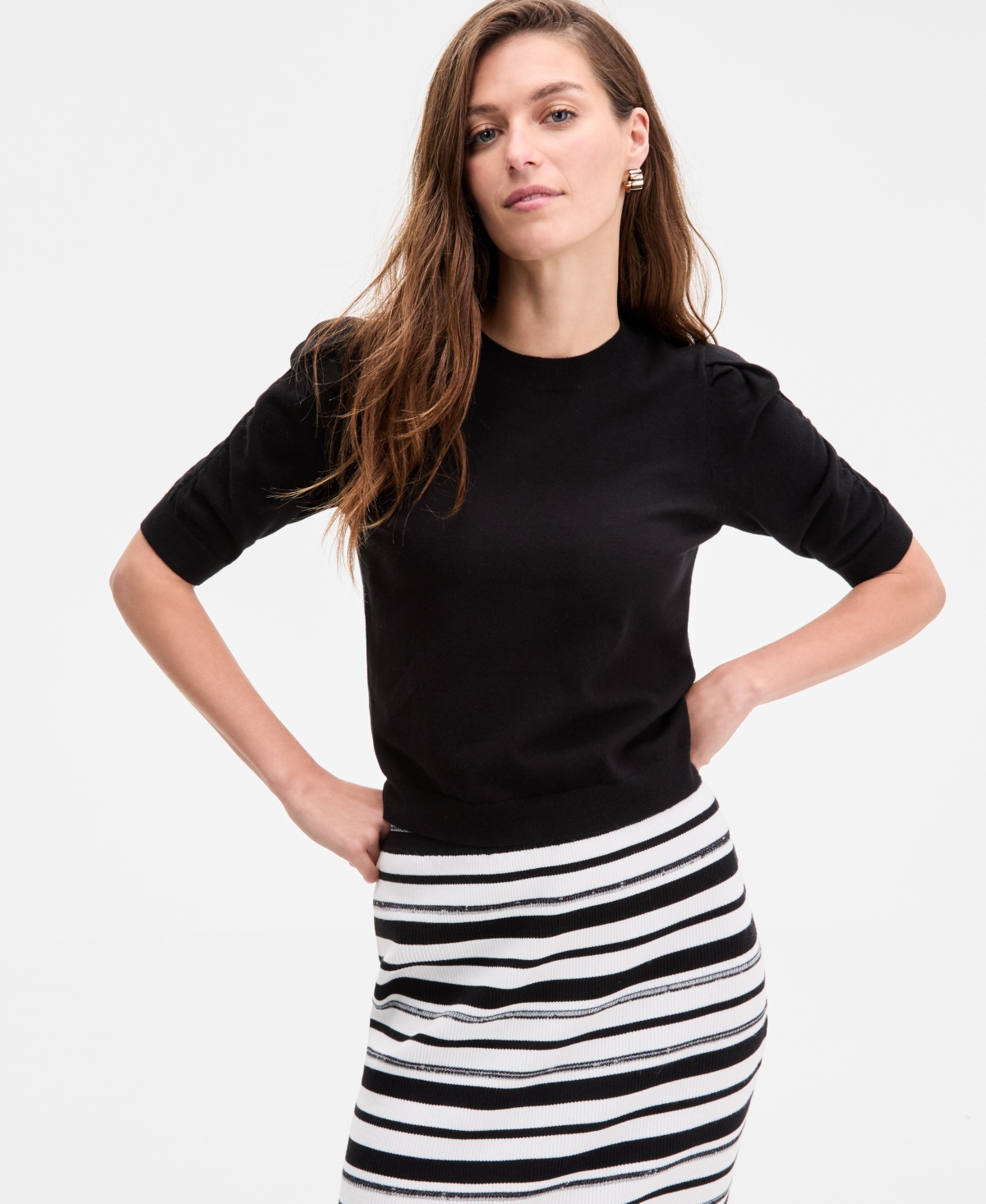 Women's Puff-Sleeve Crewneck Sweater, Exclusively at Macy's - Atomic Orange