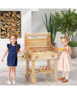 Kids Wooden Barbecue Grill Playset Pretend Kitchen with Food and Wheels