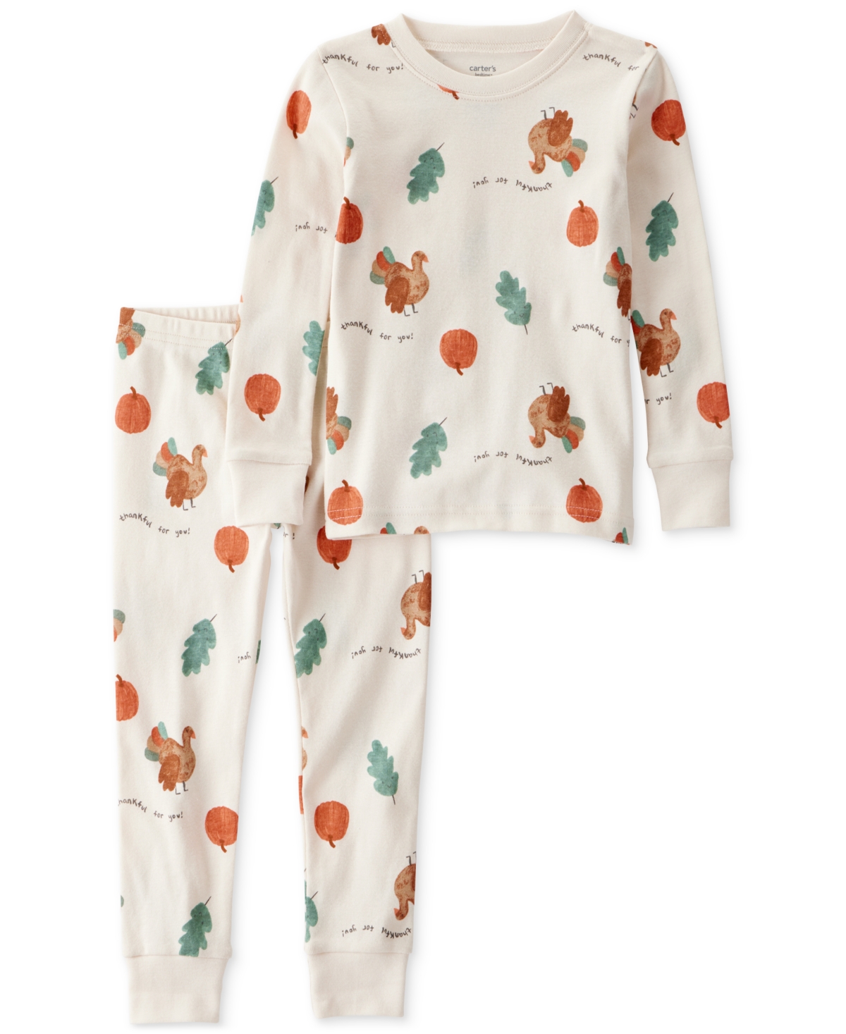Carter's Toddler Thanksgiving-print Snug Fit Cotton Pajamas, 2 Piece Set In White