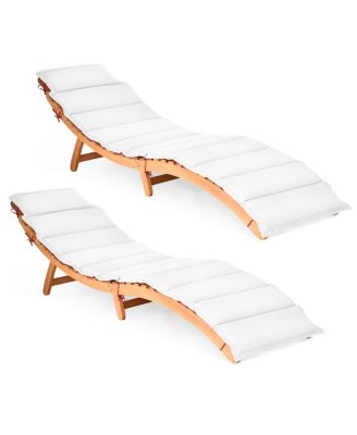 2PCS Outdoor Folding Chaise Eucalyptus Lounge Chair w/ Double-sided Cushion