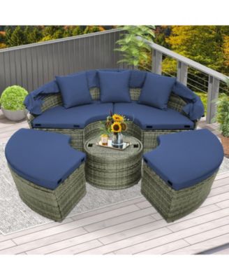 Outdoor PE Wicker Round Daybed with Retractable Canopy and Cushions
