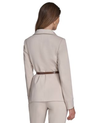 Women's Faux-Leather Belted Stand-Collar Jacket