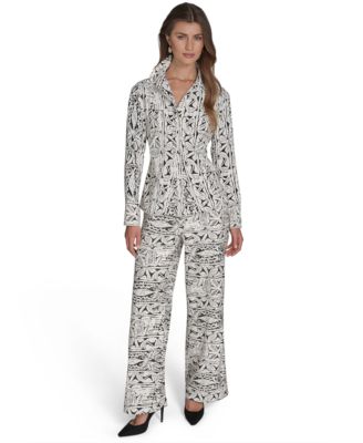 Womens Printed Button Front Shirt Printed High Rise Wide Leg Pants
