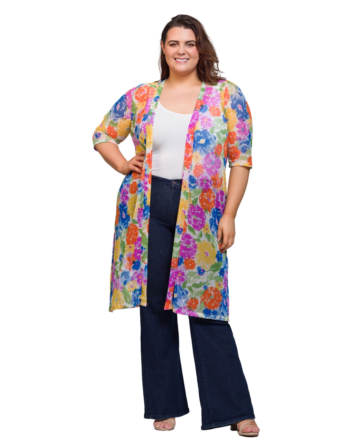 Plus Size Floral Sheer Duster Cardigan Sweater - White multi