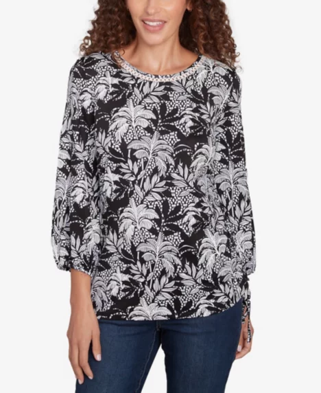 Petite Monotone Palms Puff Print Side Tie Top - Black/White