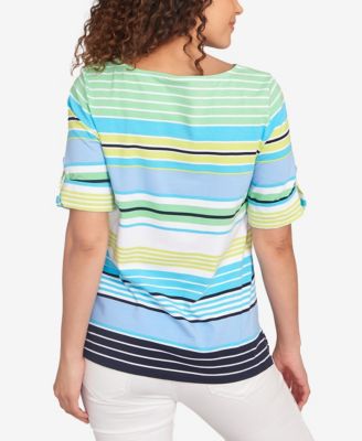 Petite Multi Stripe Roll Tab Sleeve T Shirt
