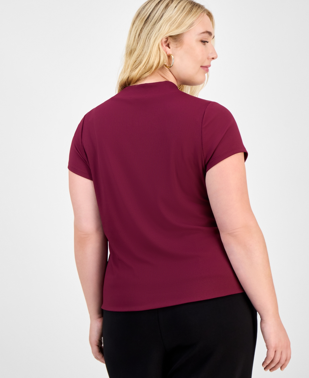 Bar Iii Trendy Plus Second-skin Short-sleeve Mock-neck Top, Macy's Exclusive In Burgundy