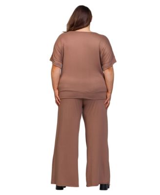 Plus Size Boat Neck Top and Wide Leg Pants Set