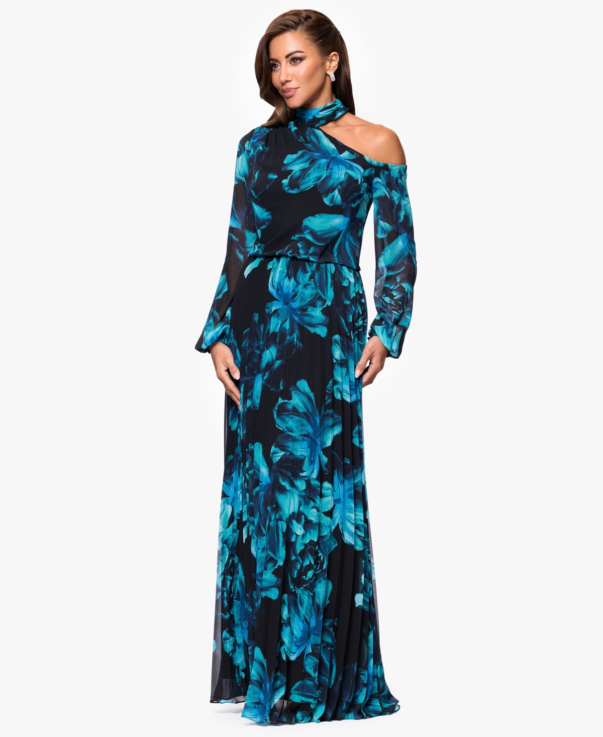 Xscape Petites Mock-neck Cutout Long-sleeve Long Sheath Dress In Blue