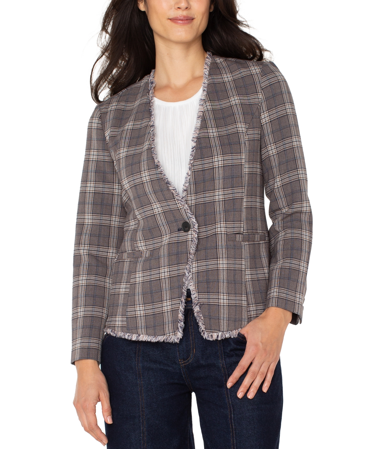 Liverpool Los Angeles Women's Collarless Fray-trim Fitted Blazer In Multi