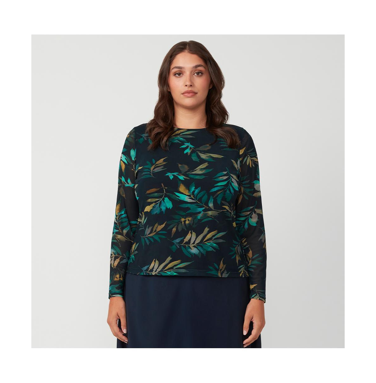 Foliage Whisper Black Mesh Leaf Long Sleeve Top - Print