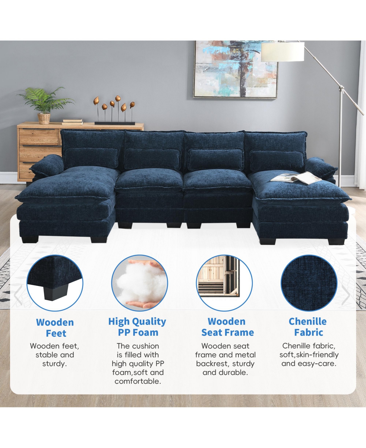 Mondawe 109.8x55.9" Modern U-shaped Sectional Sofa with Waist Pillows,6-seat Upholstered Symmetrical Sofa Furniture,Sleeper Sofa Couch with Chaise Lou