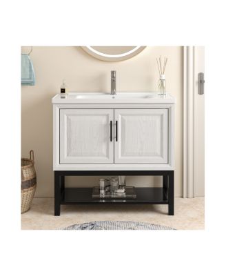 36&amp;#x22; MGO Board &amp; Metal Frame Ceramic Sink Soft-Close Freestanding Bathroom Vanity