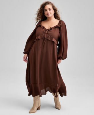 And Now This - Trendy Plus Size Ruffle-Trim Long-Sleeve Dress