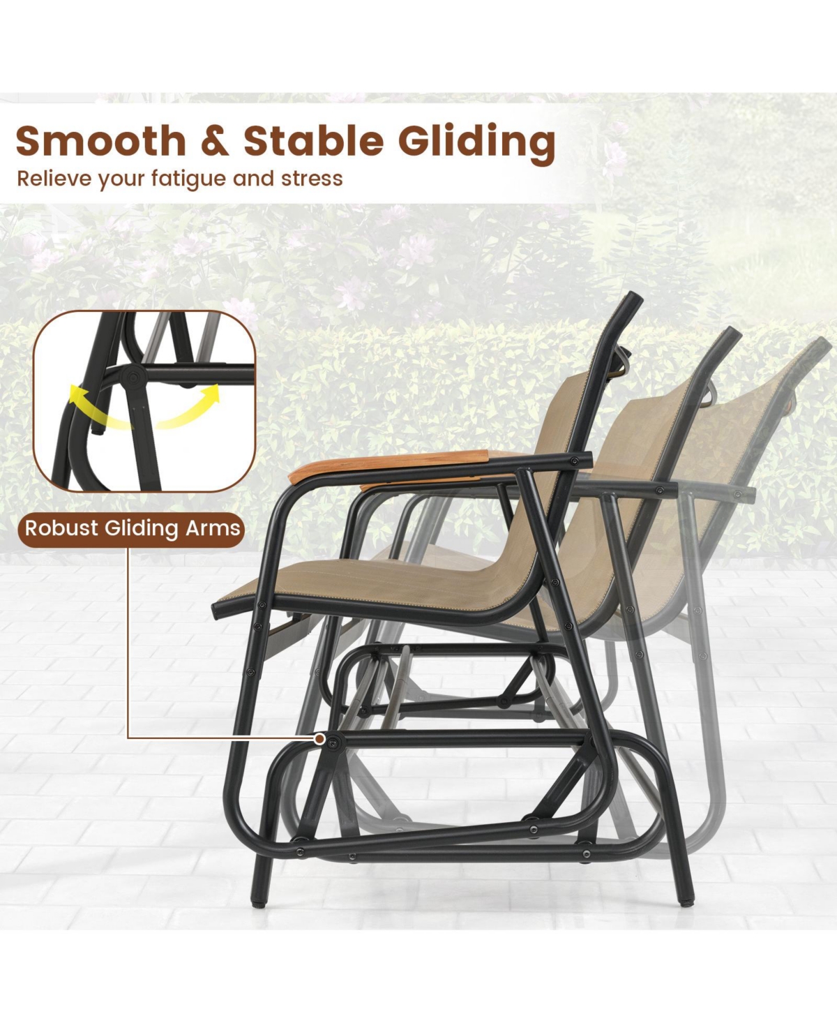 Patio Glider Bench with Curved Teak Armrests and Breathable Fabric Seat for 3 People