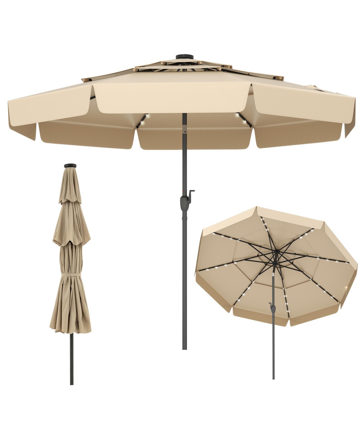 Solar Patio Umbrella with 3-Tier Vented Canopy for Outdoor Tables and Seating - Red