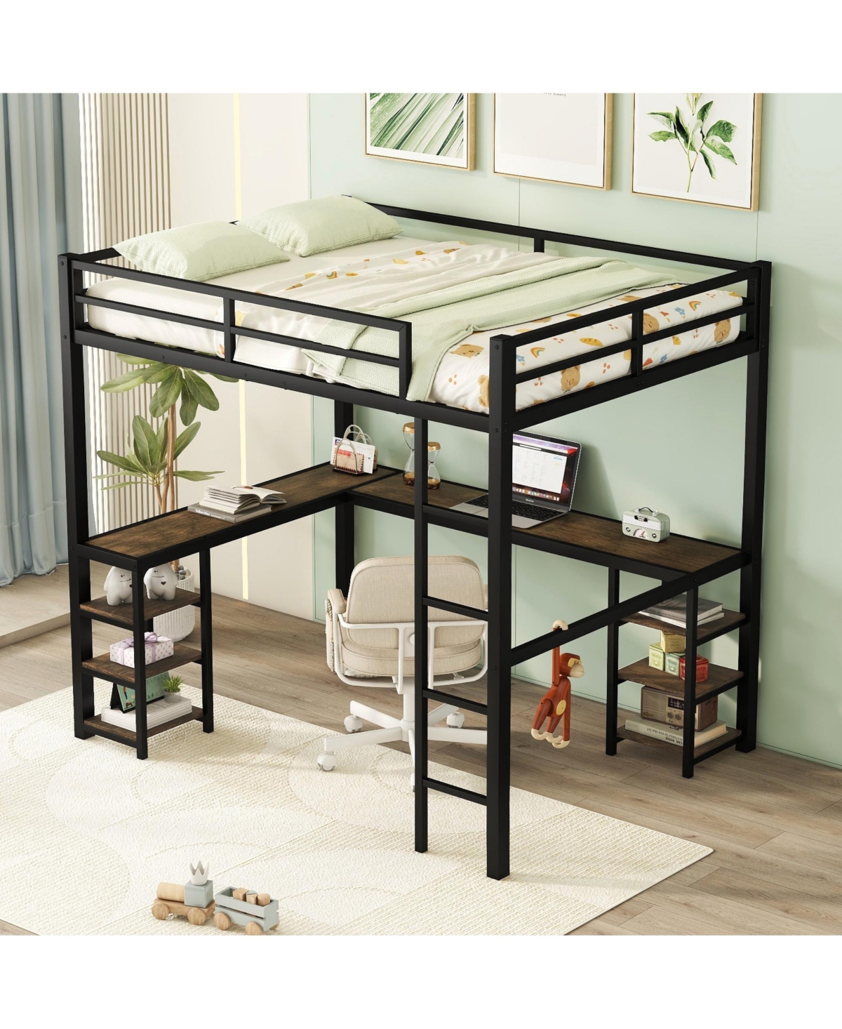Full Metal Loft Bed with Desk and Shelves, Loft Bed with Ladder and Guardrails, Loft Bed Frame for Bedroom, Black