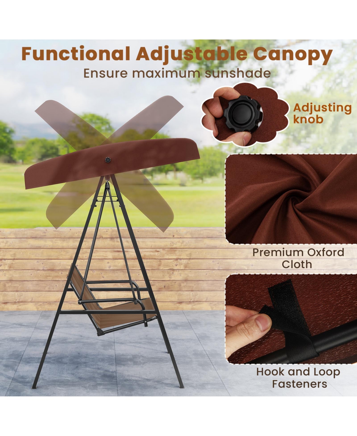 2-Person Outdoor Porch Swing with A-Shaped Metal Stand and Adjustable Canopy