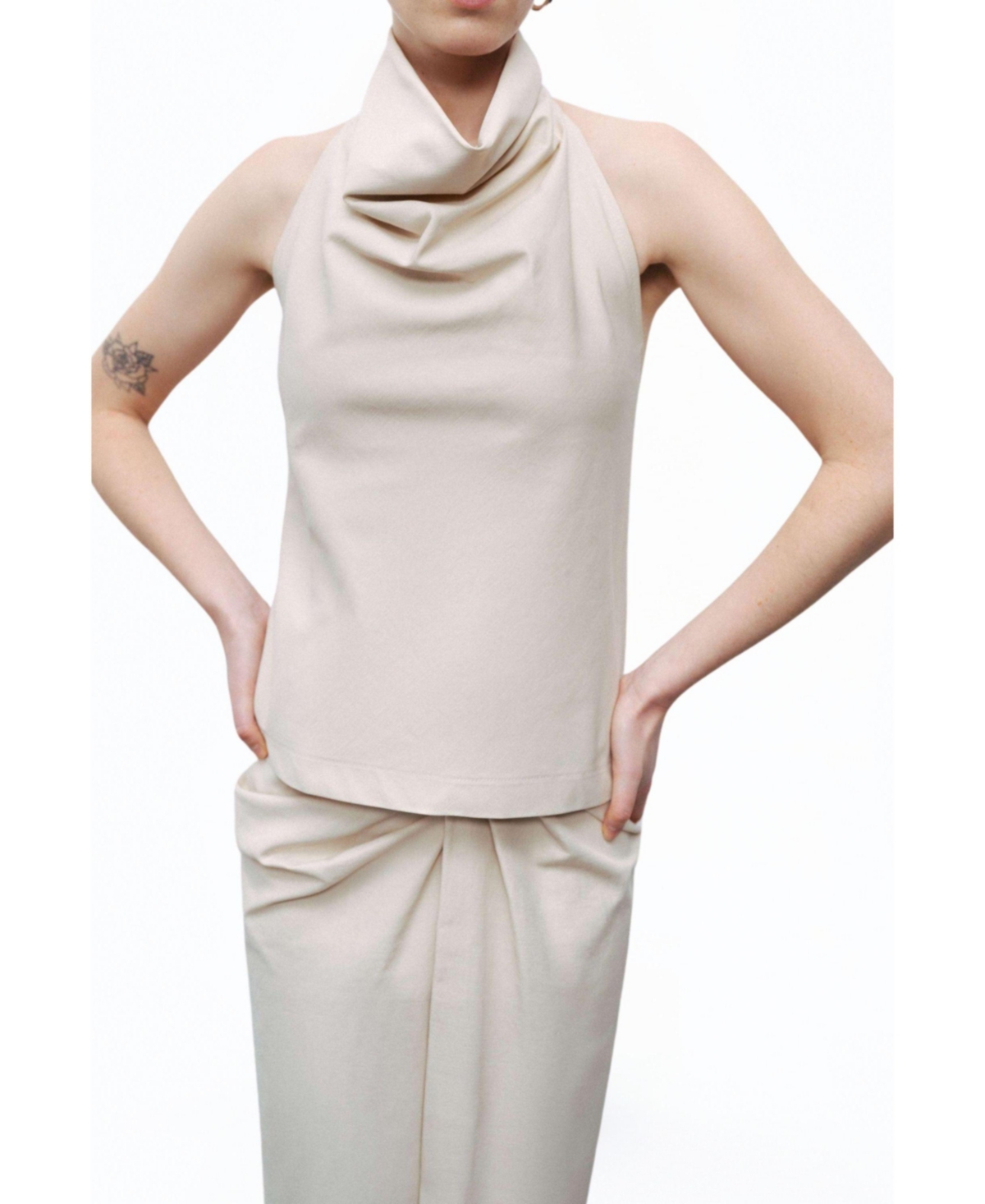 Women's Draped Neckline Open Back Detailed Blouse - Light beige
