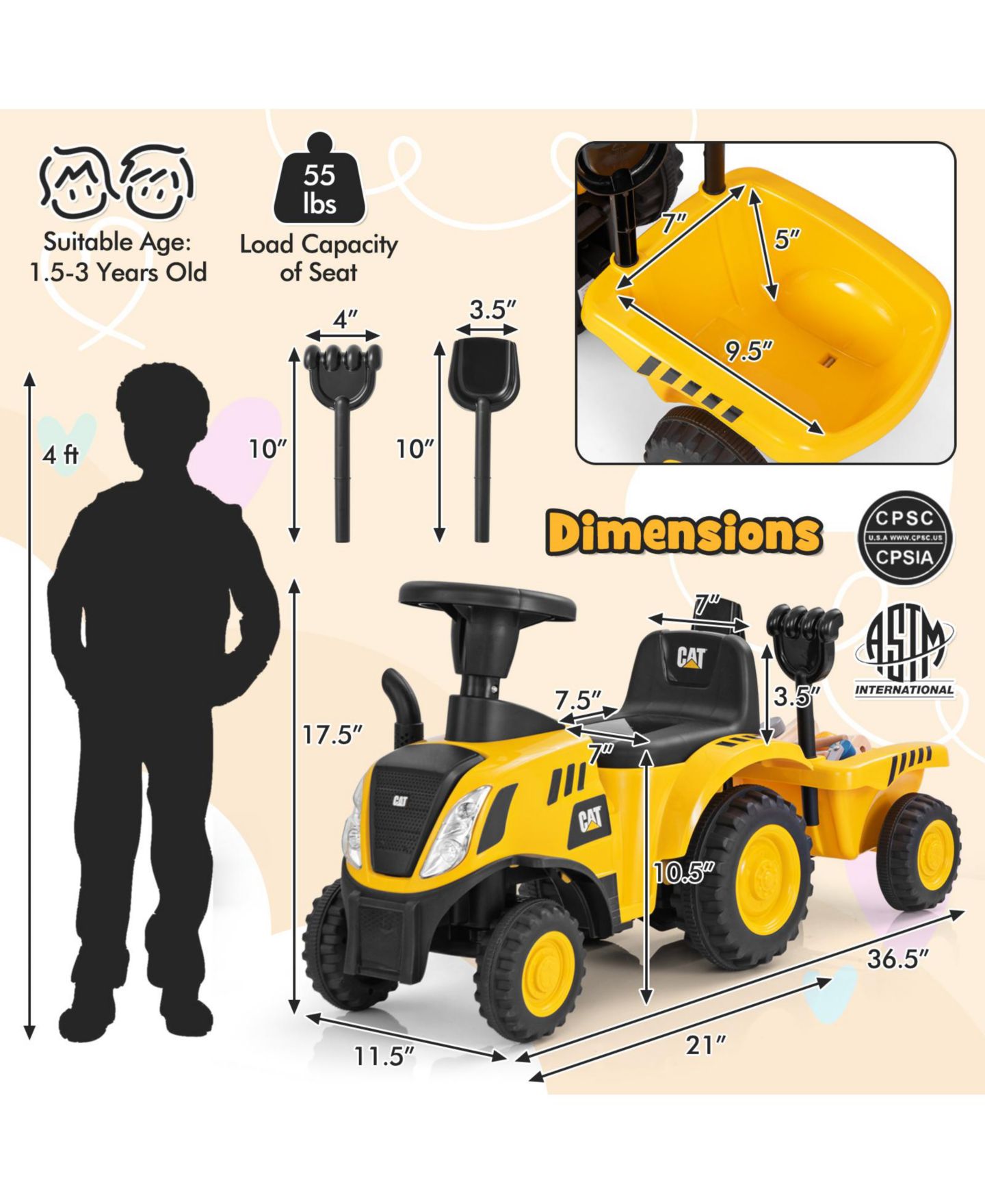 Детская игрушка Mecale Licensed Caterpillar Ride-On Tractor with Detachable Trailer, Ages 1.5+, цвет: Жёлтый — фото 6