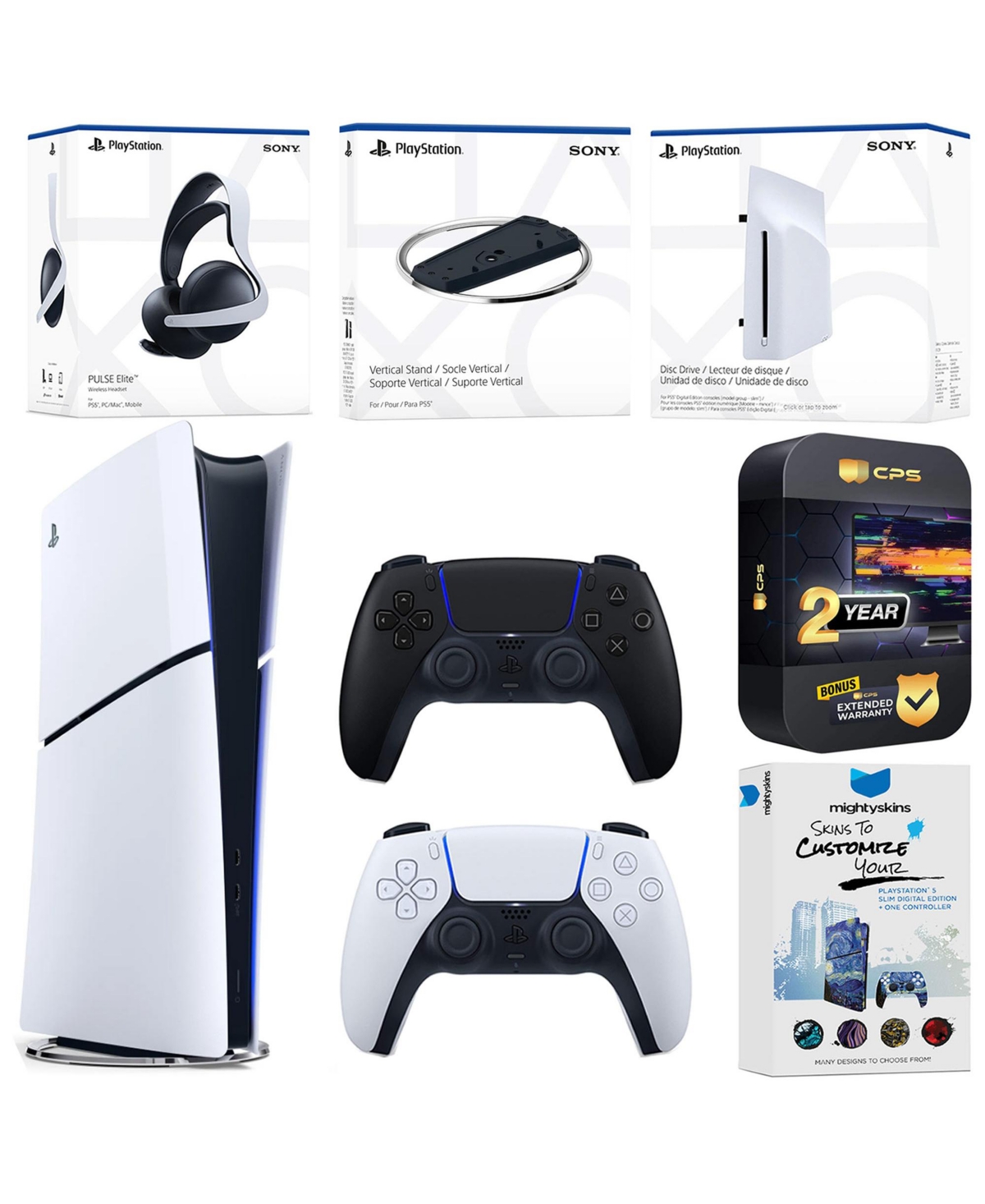 Sony PlayStation 5 Slim Digital Bundle with Disc Drive, Extra Controller, Pulse Elite Headset, Vertical Stand, MightySkins Voucher and 2 Year Extended