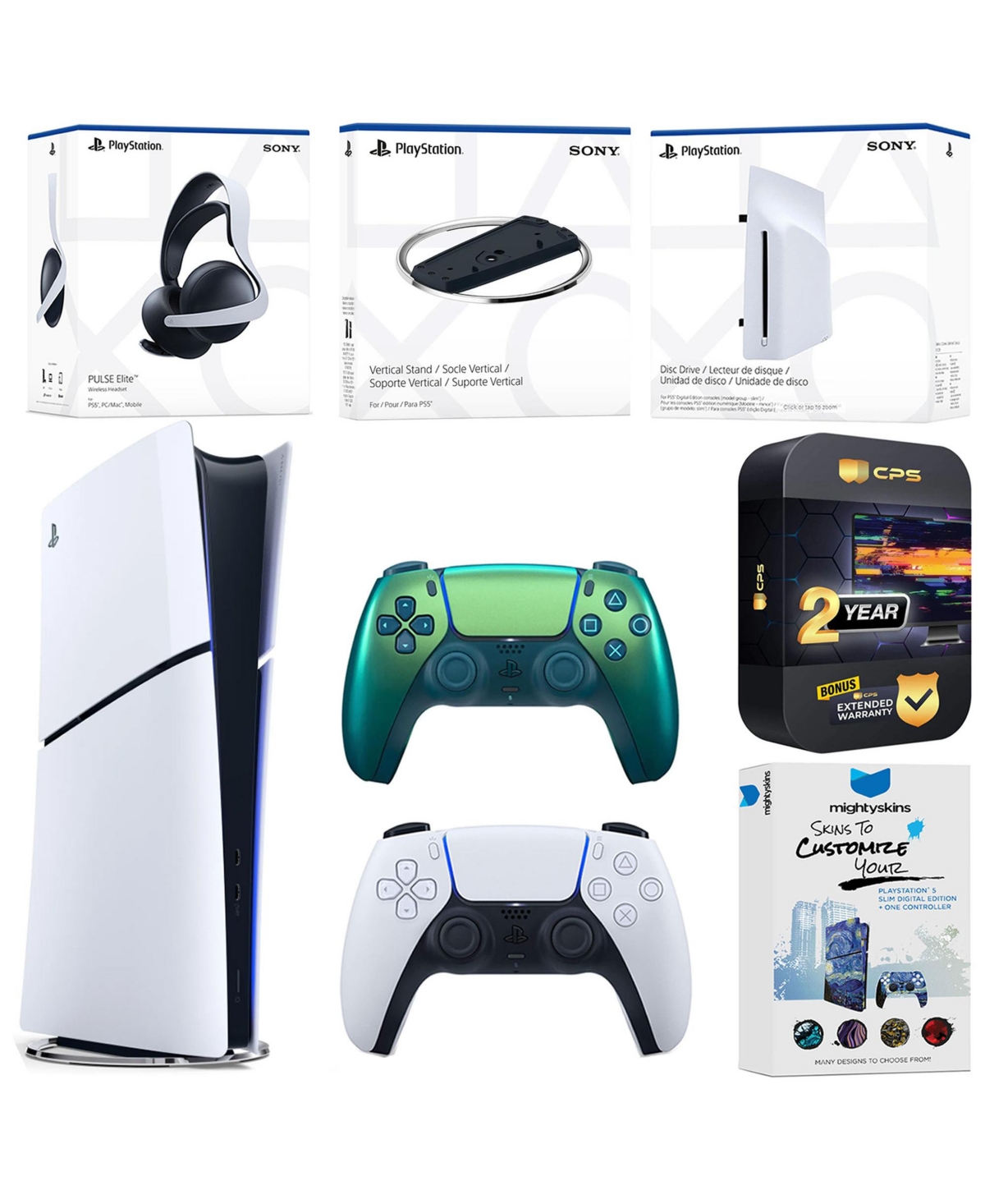 Sony PlayStation 5 Slim Digital Bundle with Disc Drive, Extra Controller, Pulse Elite Headset, Vertical Stand, MightySkins Voucher and 2 Year Extended