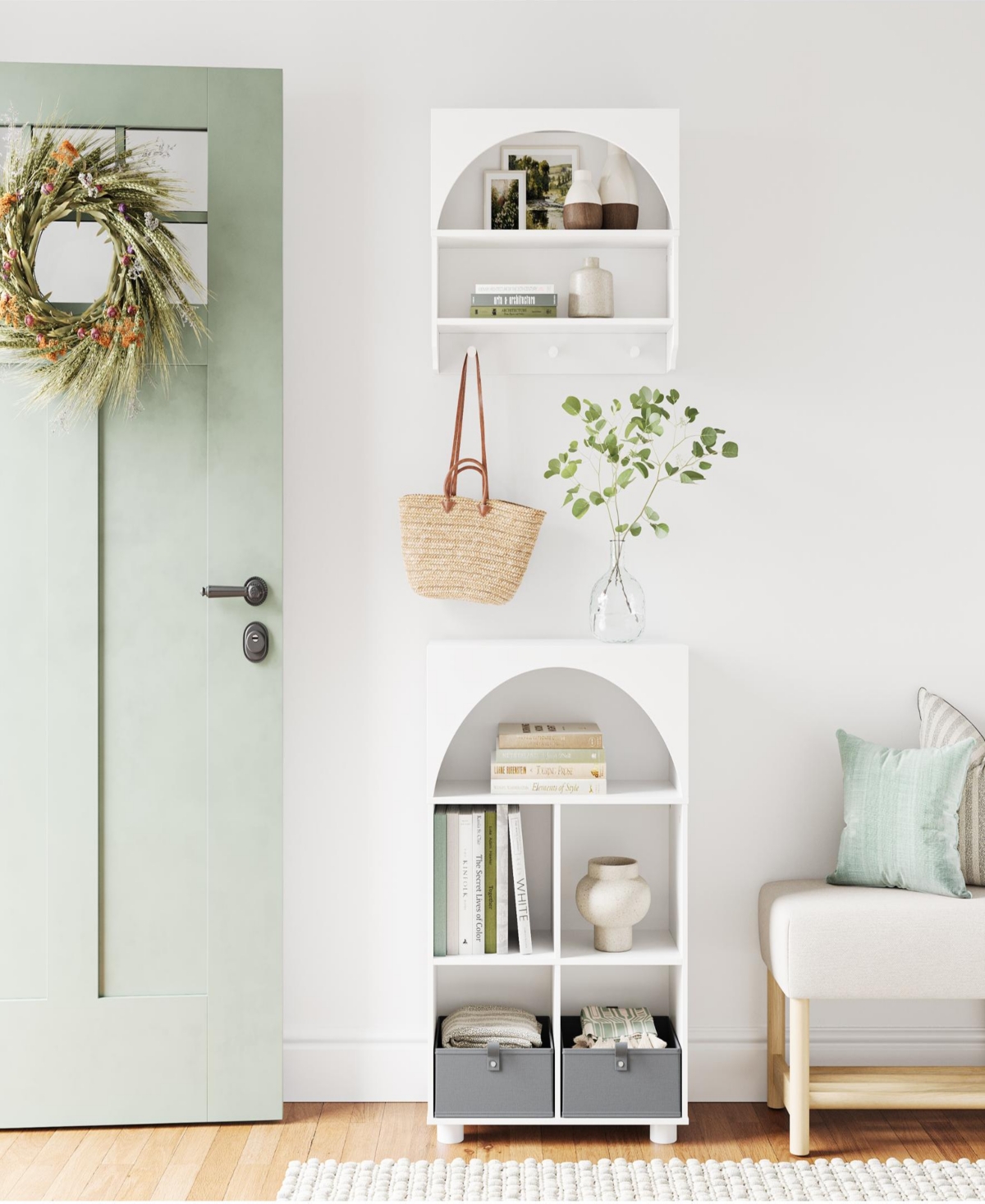 Sourcing Solutions Arched 23" Solid Wood 4 Cubby Entryway Shoe Rack Storage Organizer Cabinet
