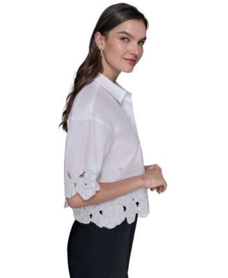 Women's Cotton Floral-Embroidered Camp Shirt
