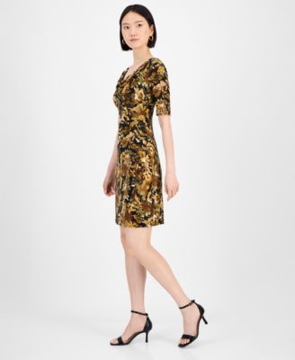 Petite Floral Draped-Neck Elbow-Sleeve Dress