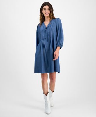 Robbie Bee - Women's Pleated-Front Tie-Neck Dress