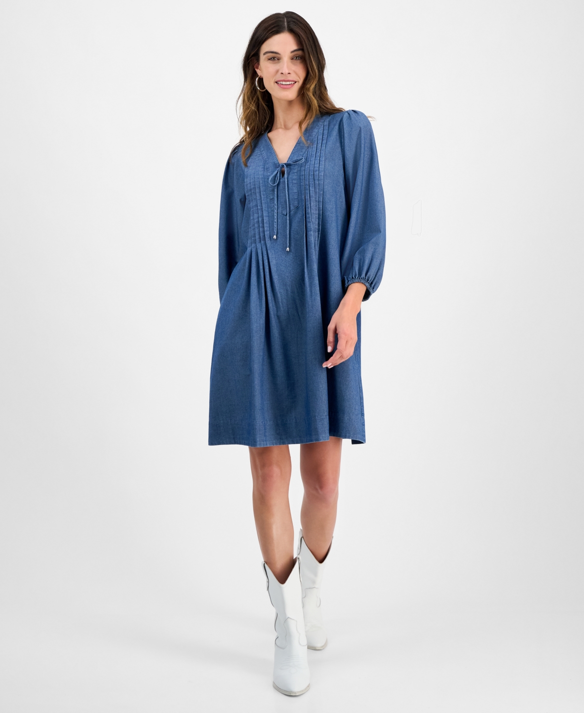 Women's Pleated-Front Tie-Neck Dress - Denim