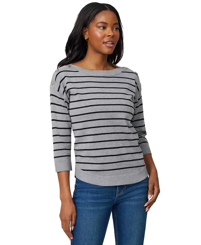Women's Striped Button-Shoulder Boatneck 3/4-Sleeve Sweater - thumbnail 4