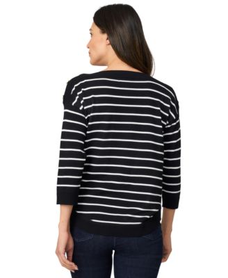 Women's Striped Button-Shoulder Boatneck 3/4-Sleeve Sweater