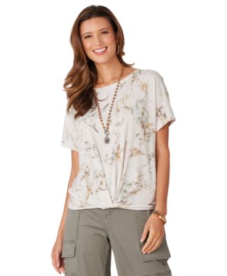 Democracy - Petite Printed Twist-Front Short-Sleeve Top