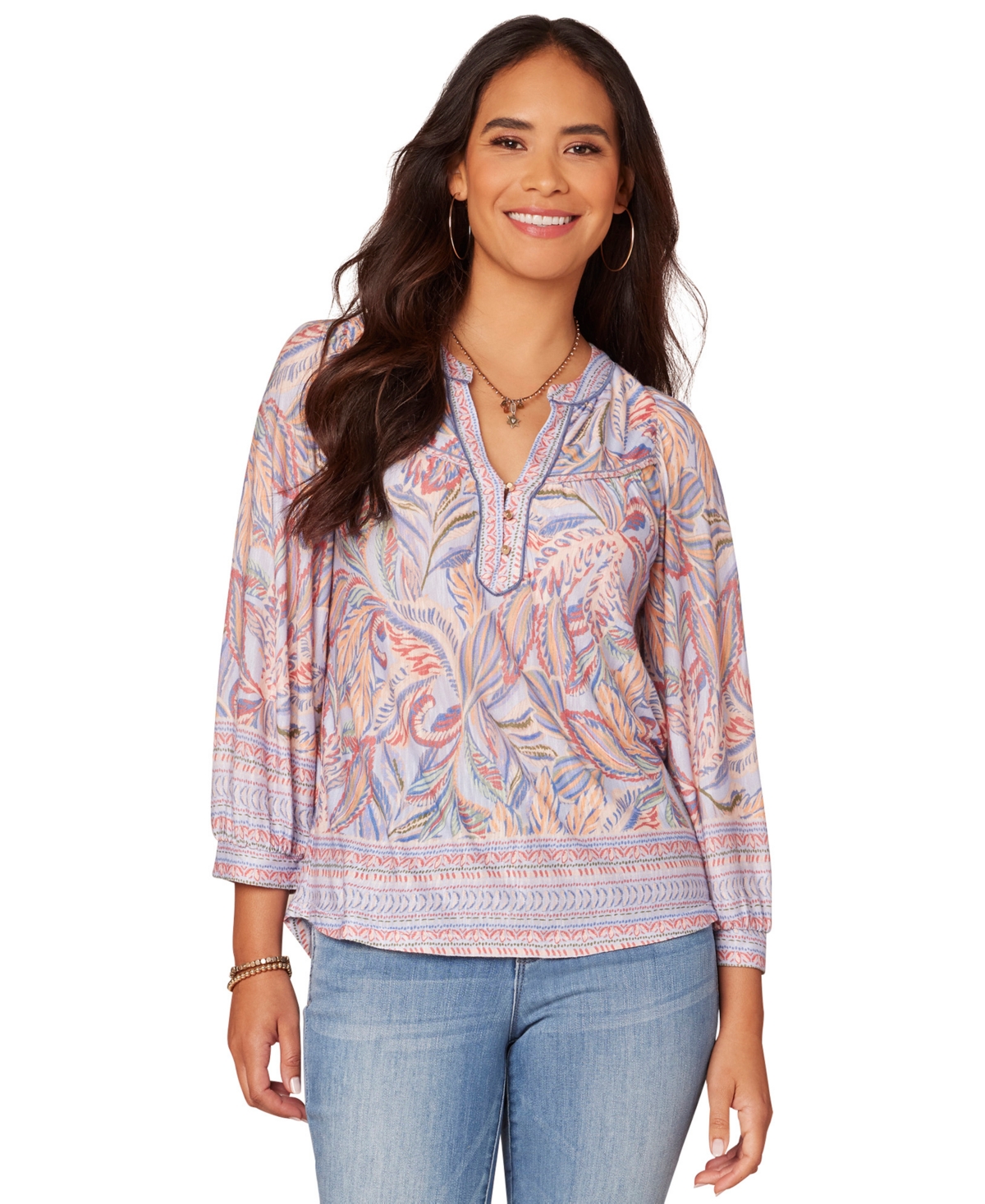 Petite Blouson-Sleeve Border-Print Knit Top - Blue Crush