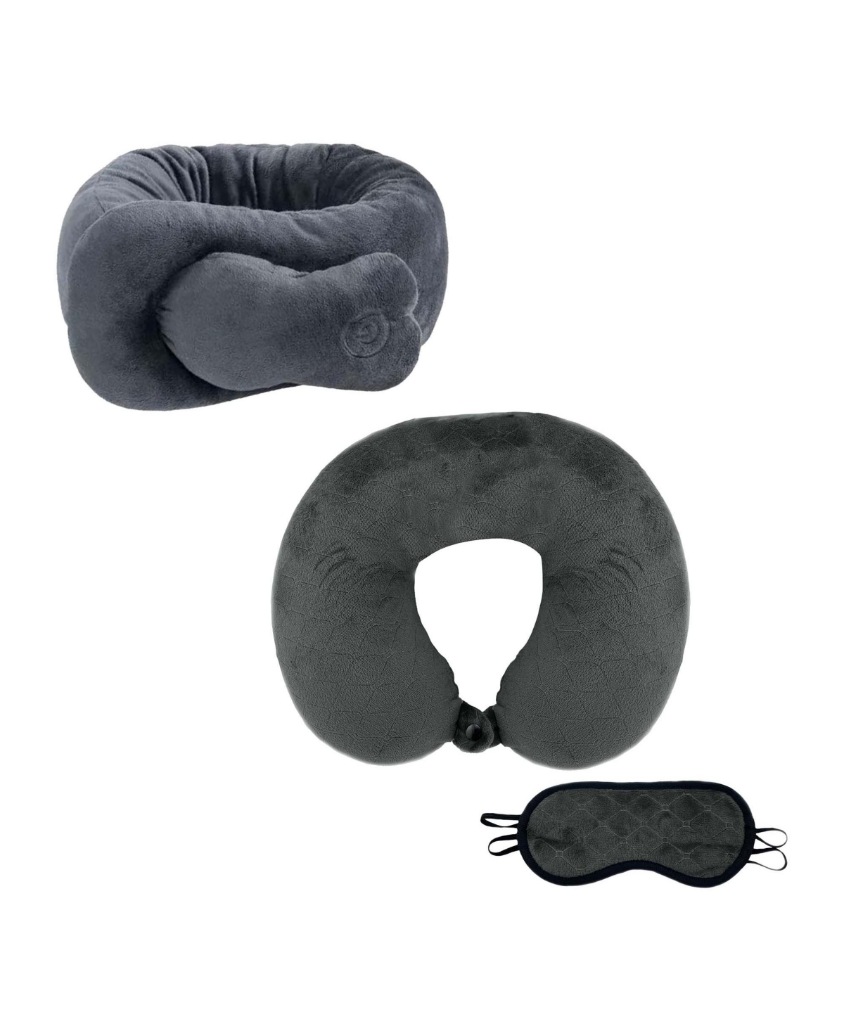 Travel Comfort & Relief Bundle - Memory Foam Travel Pillow with Sleep Mask + Portable Neck & Shoulder Adjustable Massaging Wrap - Grey