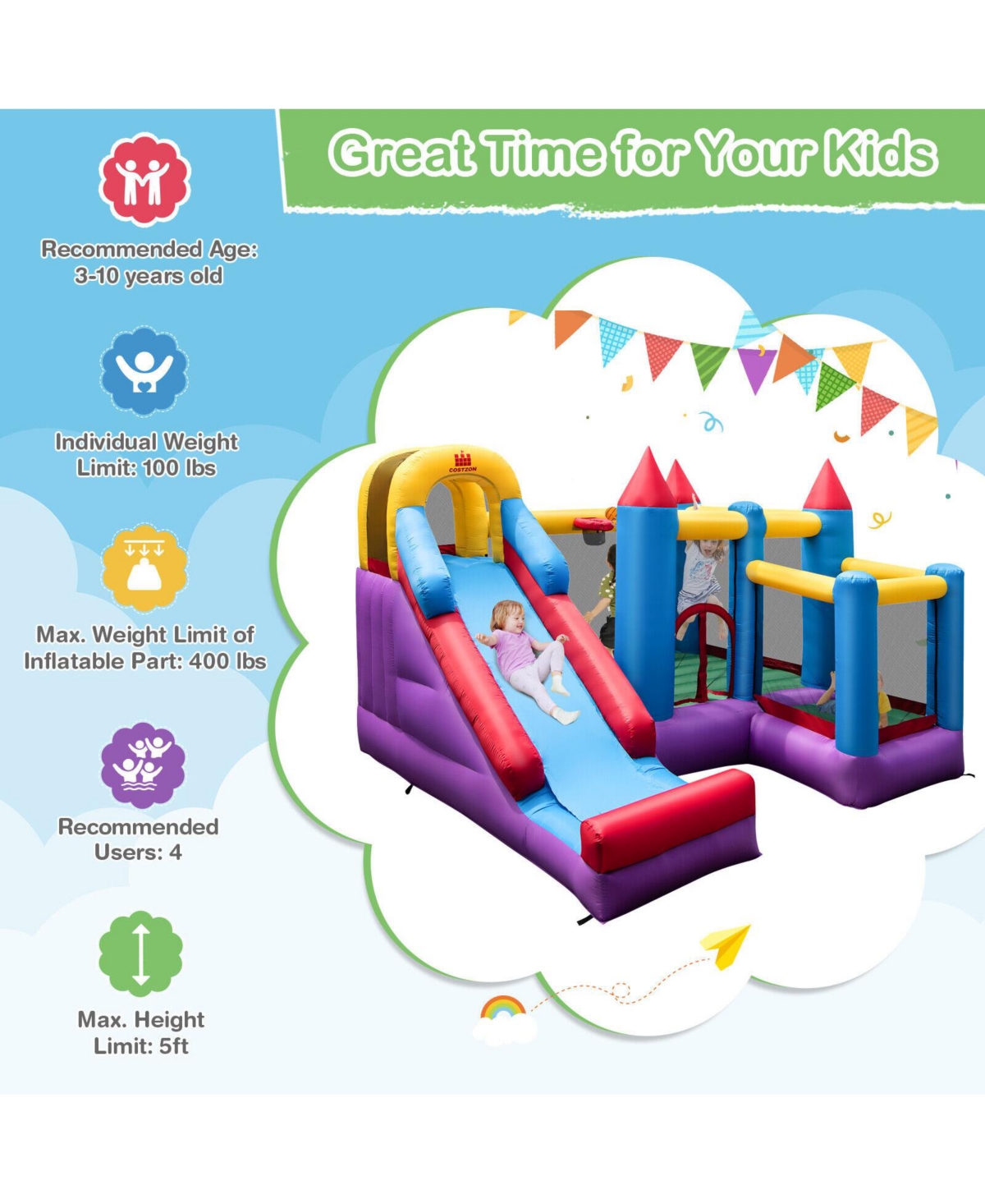 5-in-1 Inflatable Bounce House with 735W Blower and 50 Ocean Balls