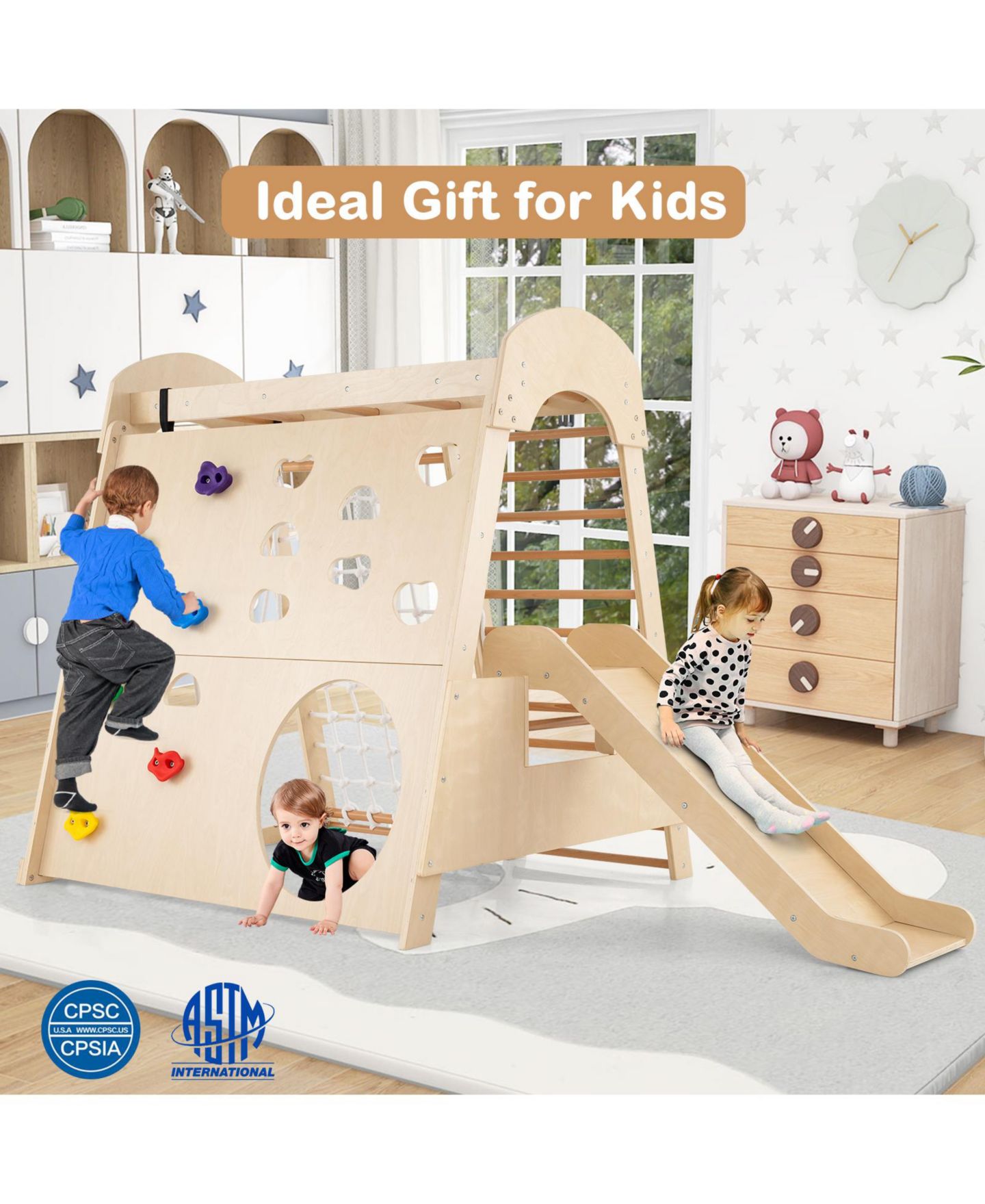 Детская игрушка Slickblue 8-in-1 Indoor Jungle Gym Wooden Playground with Swing and Climbing Wall, цвет: Натуральный — фото 5
