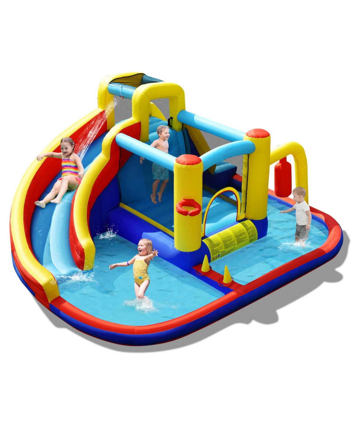 7-in-1 Inflatable Water Slide Bounce Castle with Splash Pool and Climbing Wall without Blowerwer - Blue