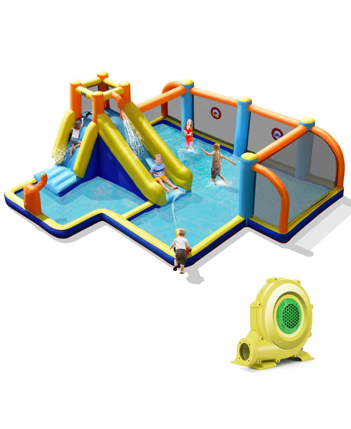 Giant Soccer-Themed Inflatable Water Slide with 735W Blower - Blue