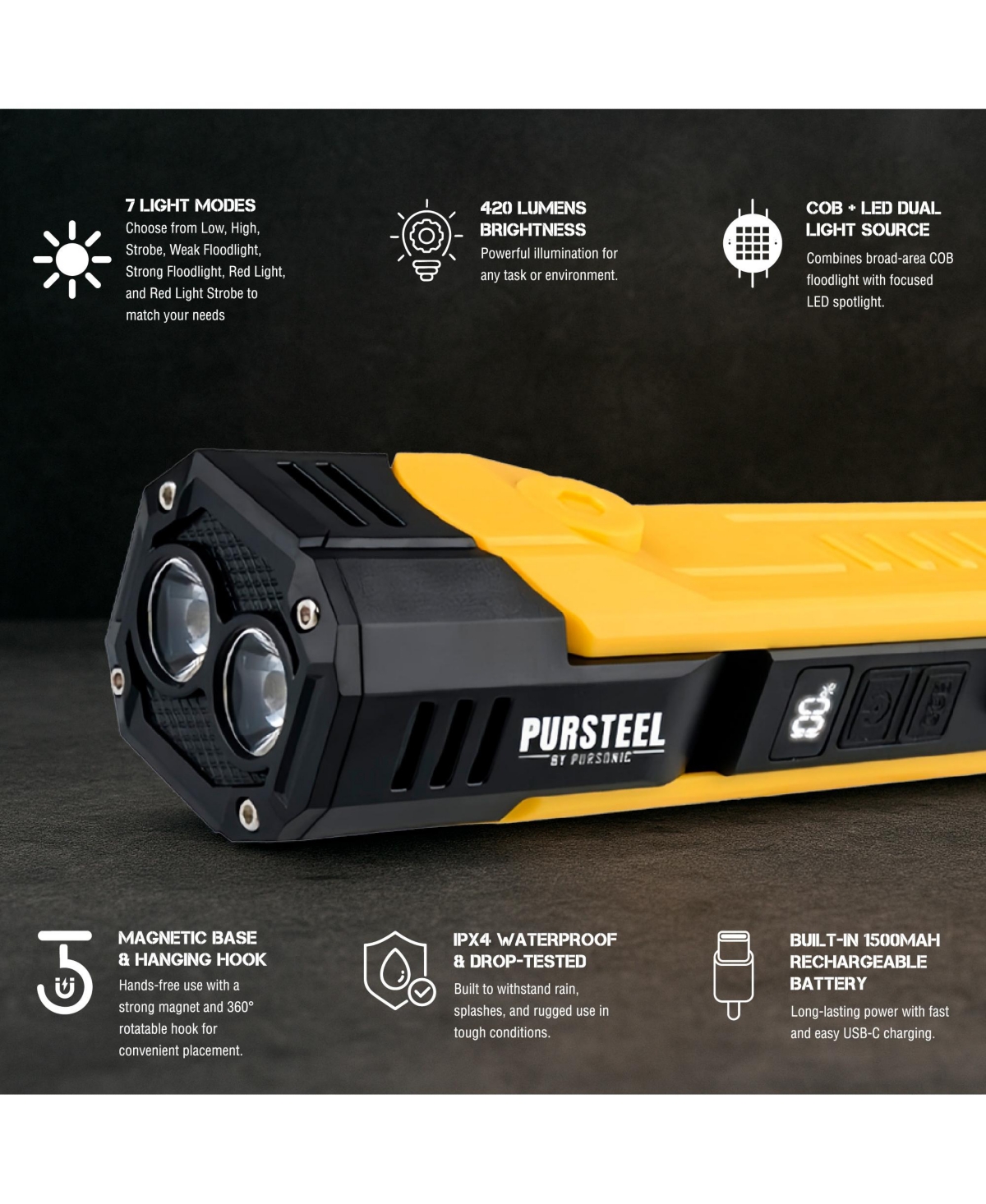 Pursonic – 2-in-1 UltraBright Rechargeable Flashlight & Red Strobe