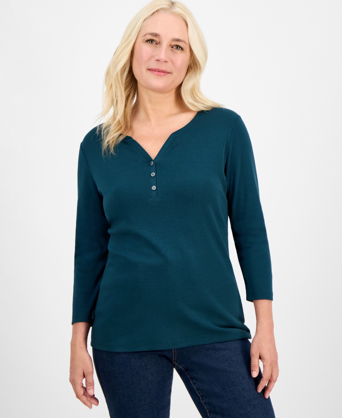 Style & Co Women's Cotton 3/4-sleeve Henley Tee, Created For Macy's In Green
