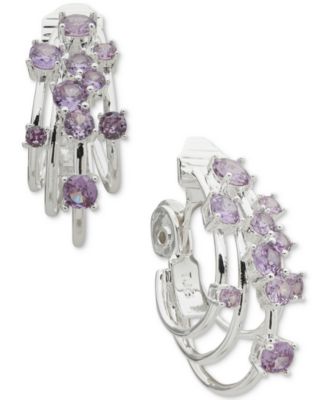 Anne Klein - Silver-Tone Purple Cluster Stone Hoop Comfort Clip On Earrings