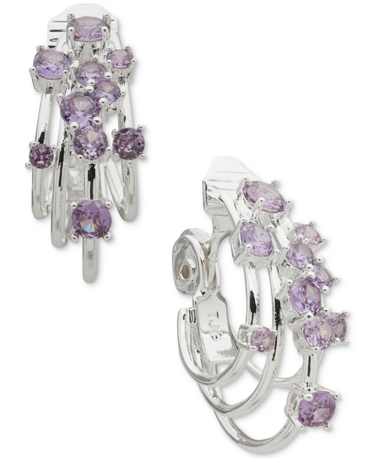 Silver-Tone Purple Cluster Stone Hoop Comfort Clip On Earrings - Darkpurple
