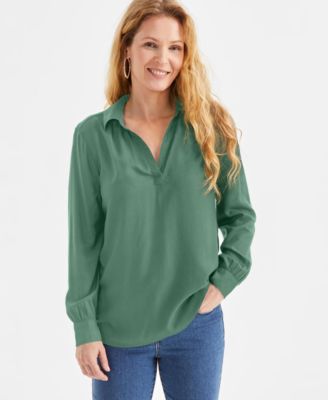 Style & Co - Petite Johnny-Collar Long-Sleeve Top