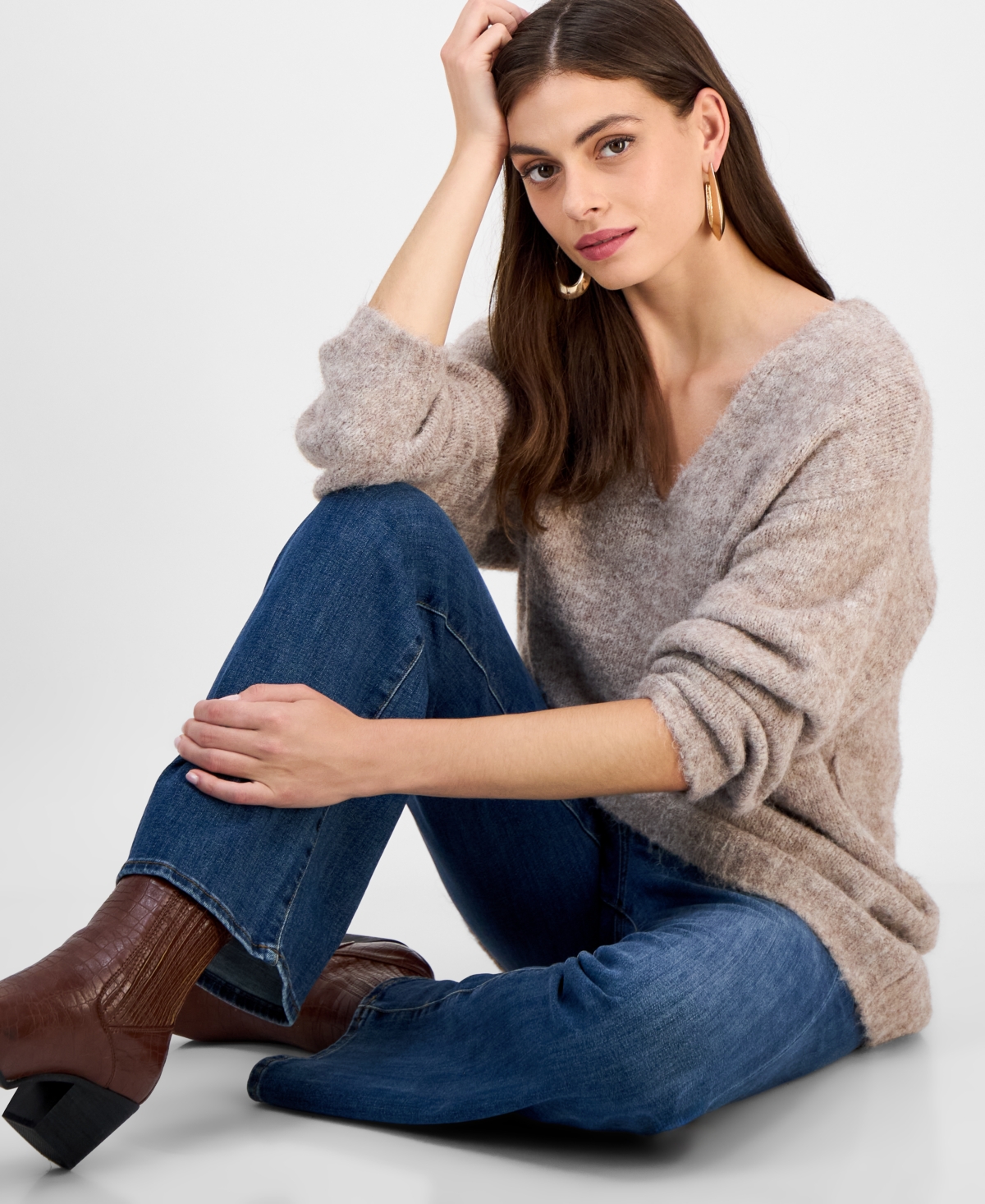 Guess Women's Kiyoka V-neck Tie-waist Long-sleeve Sweater In Brown