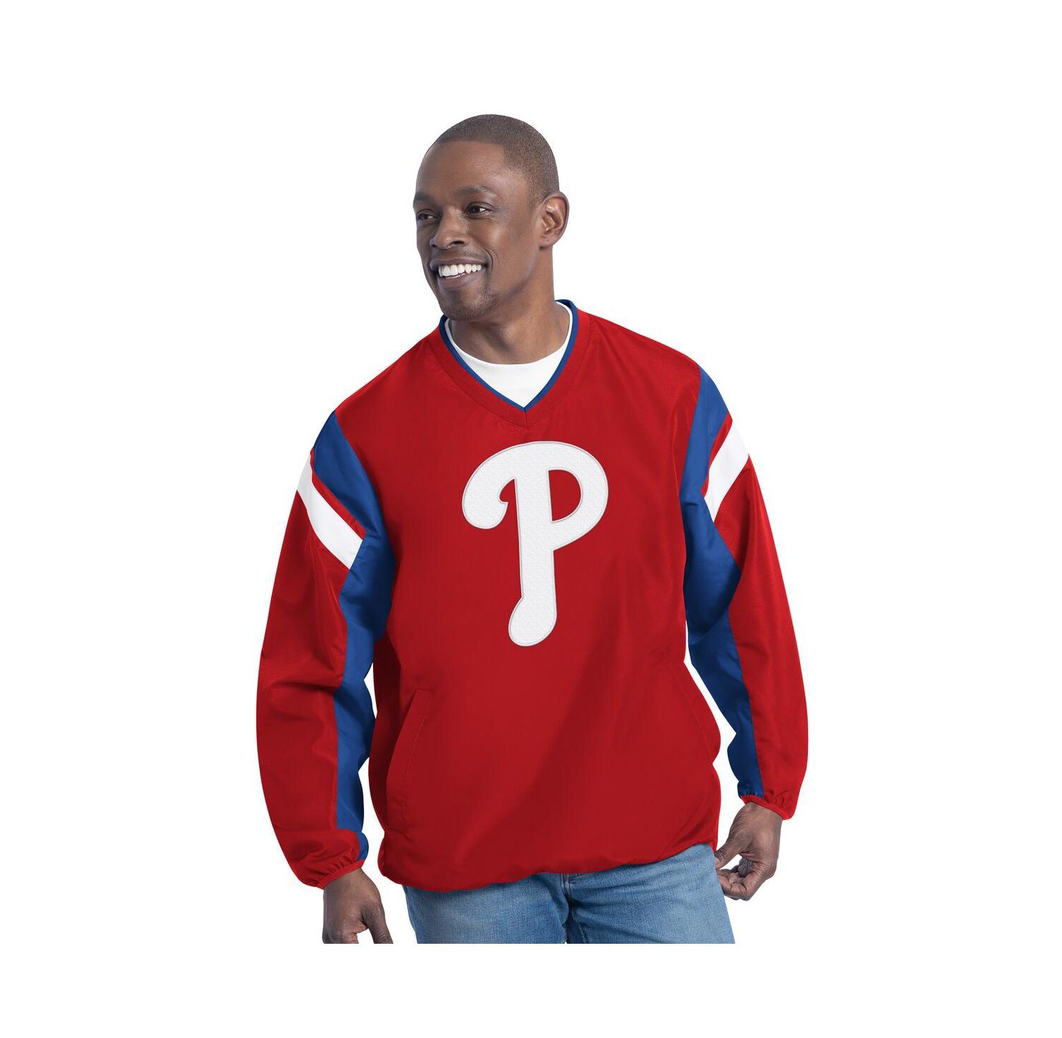 Men's Red Philadelphia Phillies Double Coverage V-Neck Pullover Sweatshirt