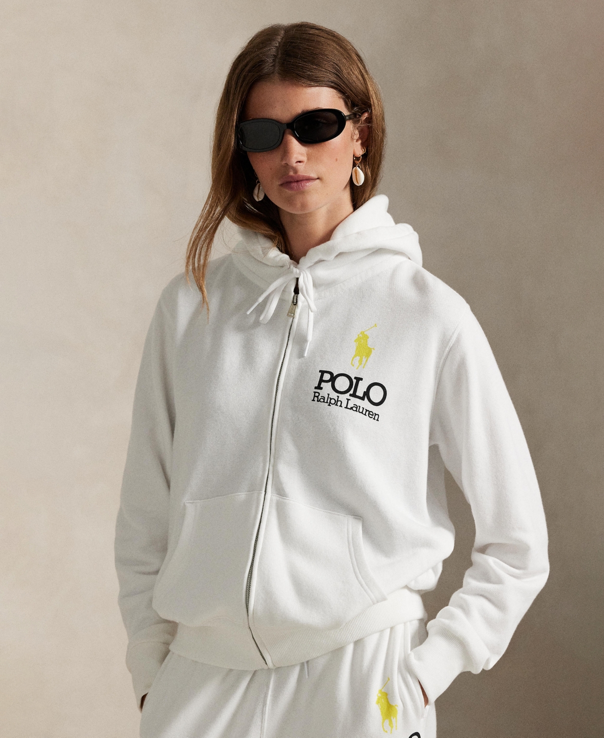 Polo Ralph Lauren Women's Big Pony Lightweight Fleece Zip Hoodie Sweatshirt - White