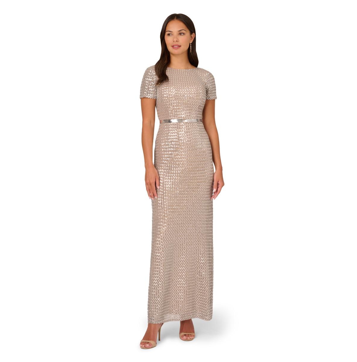 Women's Beaded Mesh Column Dress - Silver/Nude
