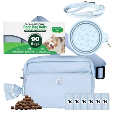 Walk Star Kit: 3-in-1 Dog Walk Bag, Bowl, & Leash plus Matching 90 Refill Dog Poop Bags